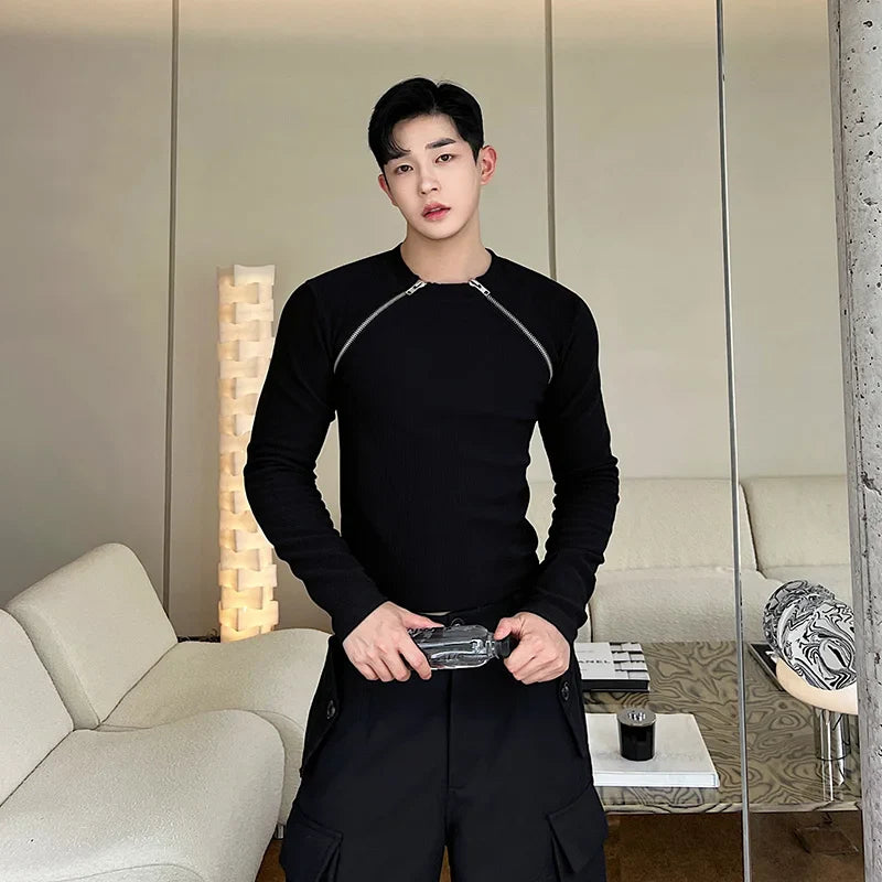 saferido Men's Slim Long Sleeve T-shirts 2024 Autumn New Niche Design Dark Zipper Split Versatile Tops Korean Style Clothing