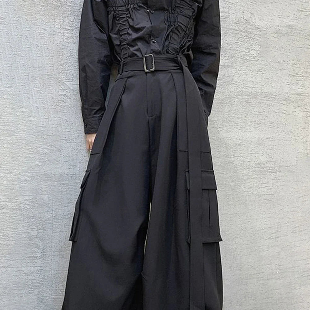 saferido Mens Multi-Pocket Loose Casual Skirts Genderless Japanese Harajuku Street Dark Workwear Style Solid Color Wide Leg Pants Unisex