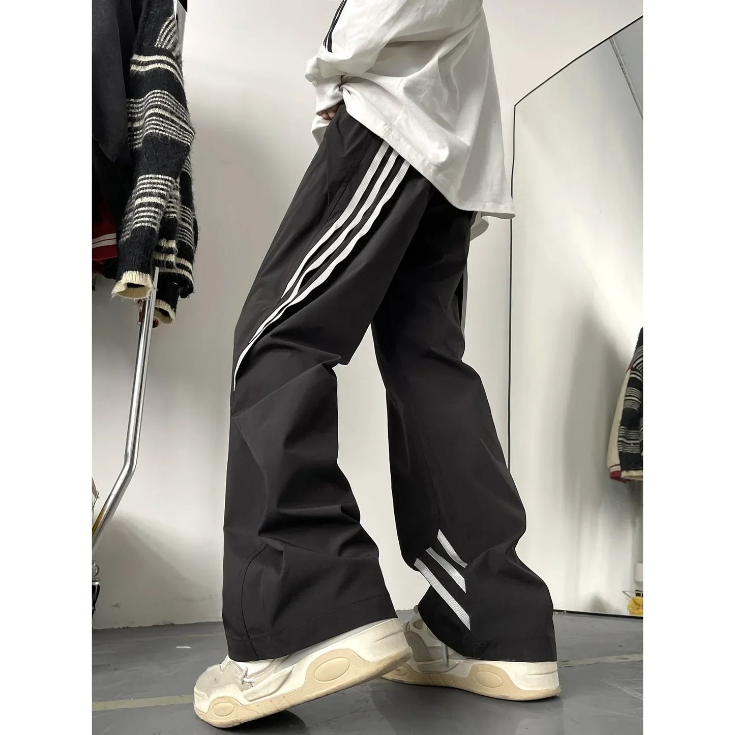 saferido American Style Stripe Zippered Trousers For Men Hip Hop Waterproof Outdoor Straight Leg Sweatpants Casual Loose Fit Pants