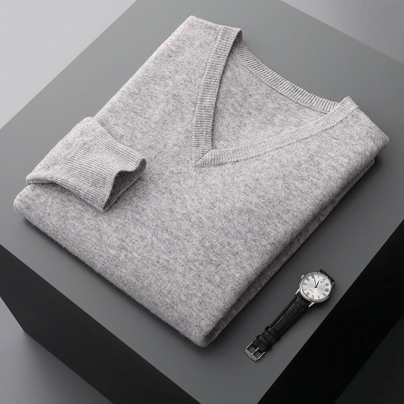 Merino Wool Sweater Men's V-neck Pullover Top Autumn Winter Knitted Casual Loose 100% Pure Wool Jacket