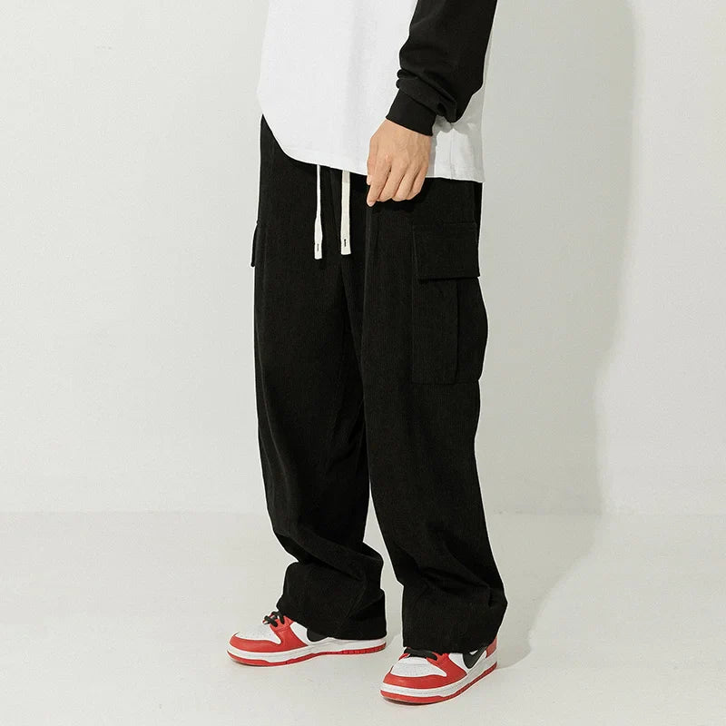 saferido Oversized Corduroy Pants Men Fashion Retro Pocket Cargo Pants Men Japanese Streetwear Hip-hop Loose Wide Leg Pants Mens Trousers Spring Autumn