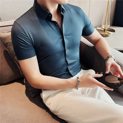 saferido British Style Men's Summer Lce Silk Casual Short SSleeves Shirts/Male Slim Fit Lapel Stripe Stretch Business Dress Shirts