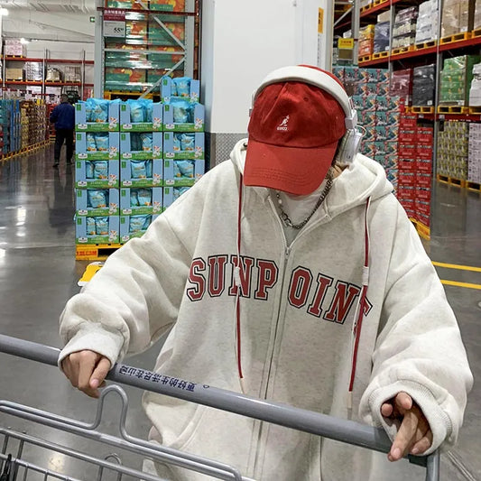 Autumn Men Zipper Hoodies Casual Loose Plus Size Coat 2023 Grey Oversized Pocket Outerwear Streetwear Harajuku Zip Up Sweatshirt