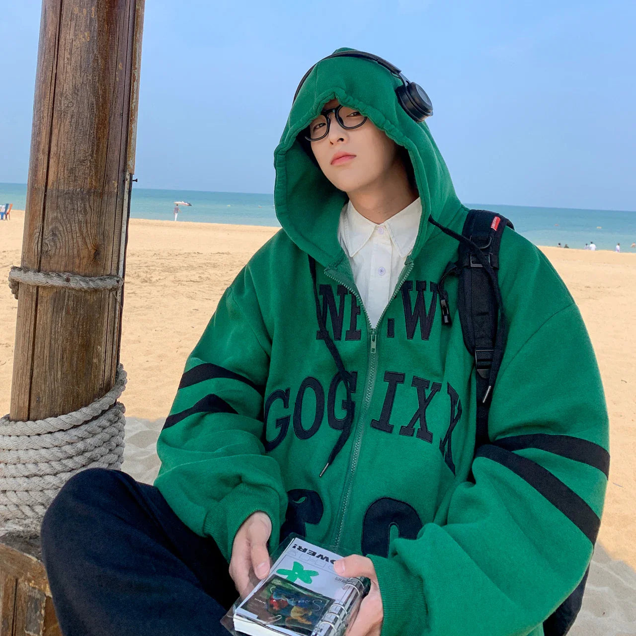 saferido American retro hoodies jacket for men Letter print Hooded Sweatshirt Baggy Zipper Hoodie Coat Green hoodies Men/Women Outwear