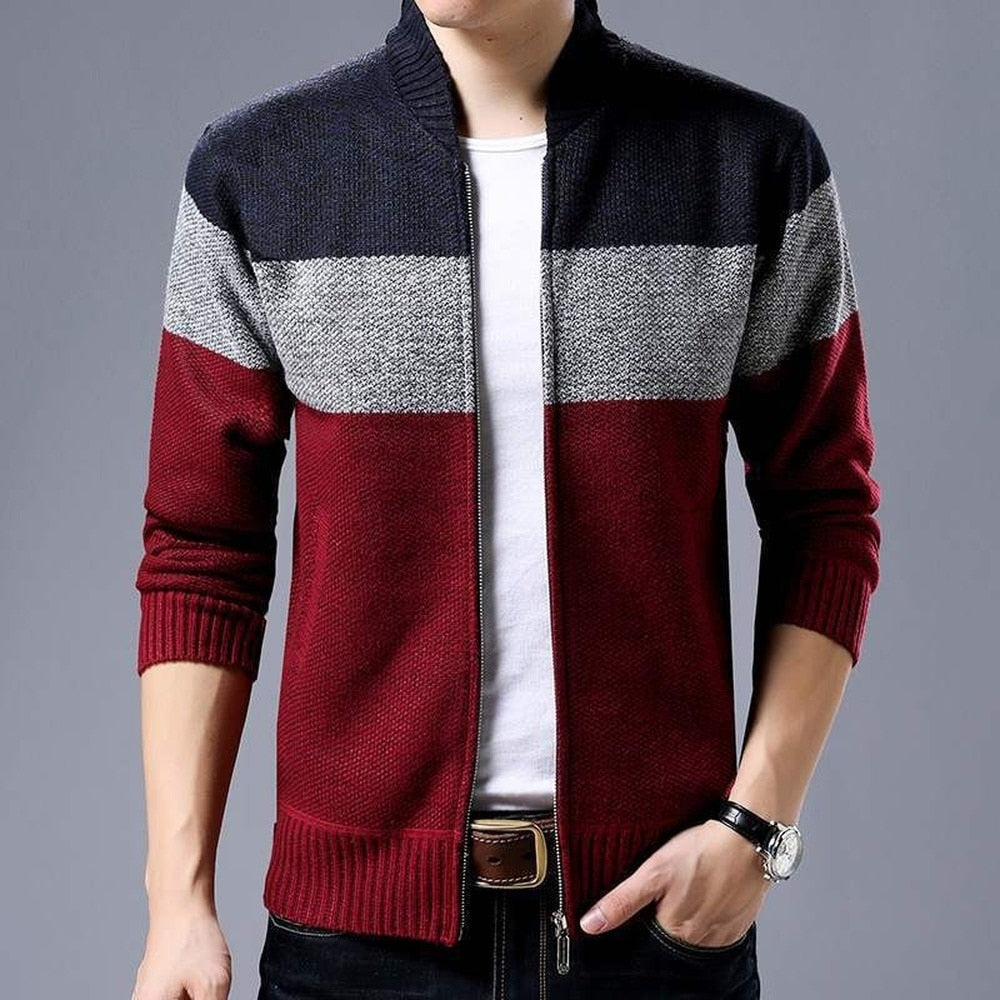Spring Winter New Men's Cardigan Single-Breasted Fashion Knit Plus Size Sweater Stitching Colorblock Stand Collar Coats Jackets
