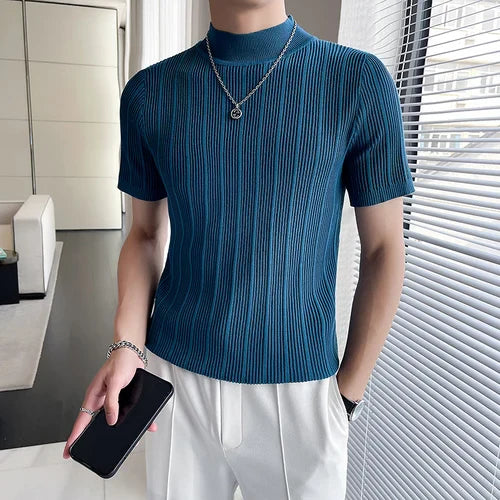 saferido Korean style Tees Men Summer Casual Knit T-shirts/Male slim fit stripe High neck knitting T-shirt 4XL