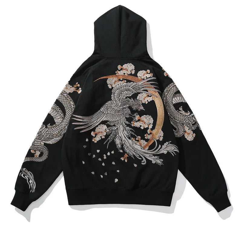 Men Streetwear Fleece Hoodie Sweatshirt Embroidery Flower Chinese Kanji Pullover Winter Harajuku Cotton Hooded Hoodie