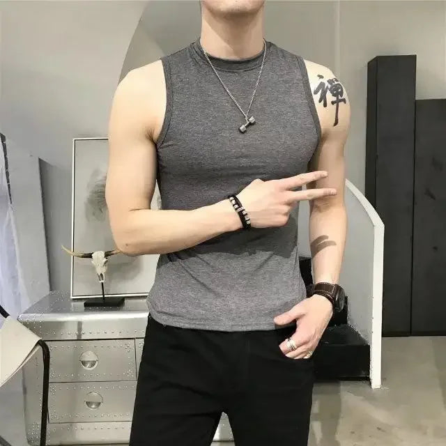 saferido Summer Vest Men's Trend Tight Stand Collar Sleeveless Sexy T-shirt Top American Slim Fitness Stretch I-word Vest Bottoming Shirt
