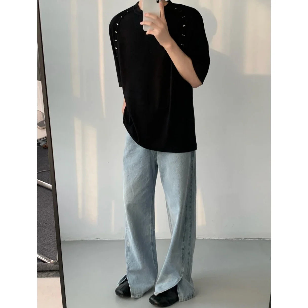 Korean Style Heavy Shoulder Pad Short Sleeve T Shirt Men Metal Niche Design Loose Casual Harajuku Solid Color Bottoming Shirt