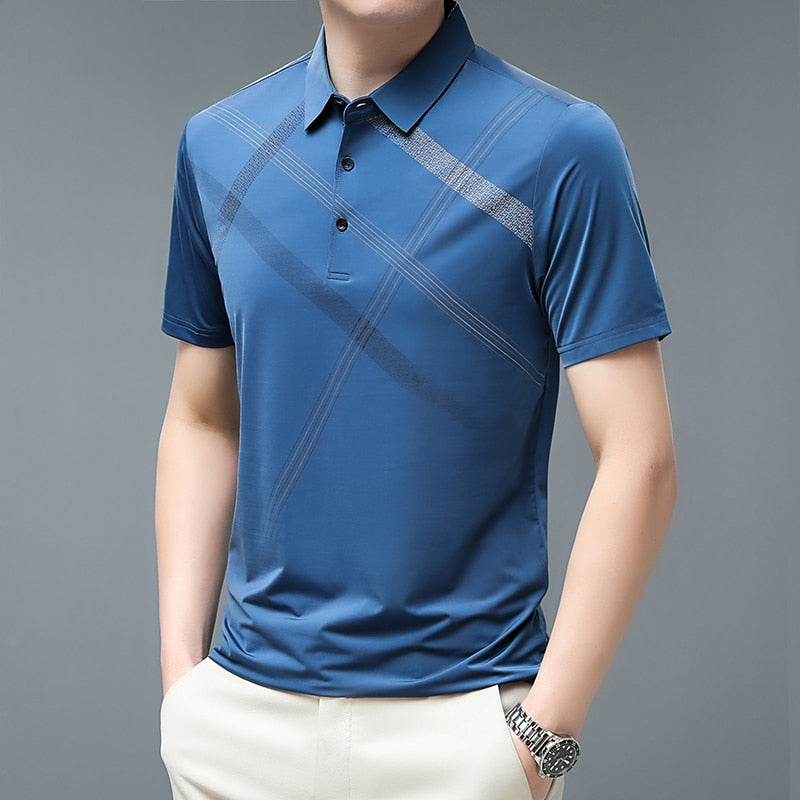 Men T Shirt Business Casual Striped Print Regular Fit Summer T Shirts for Men Turn-Down Collar Short Sleeve Men Tees Tops