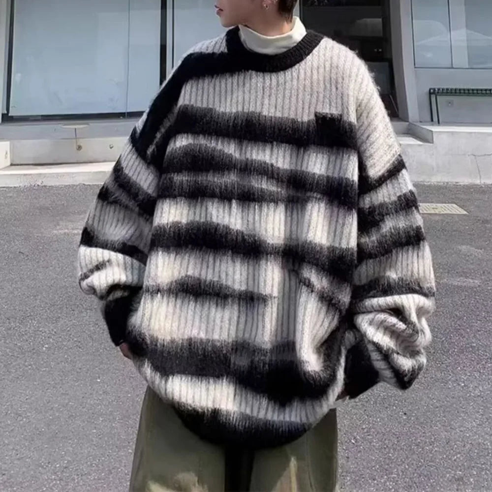 saferido Mens Thin Knitted Sweater Daily Personality Trend Casual All-Match Soft Contrast Striped Top Men'S Clothing 2024 Spring Autumn
