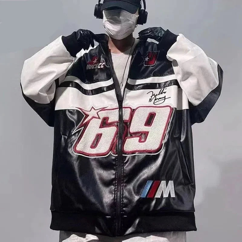 Hip Hop American PU Leather Jacket Men Patchwork Letter Embroidery Motorcycle Biker Coats Unisex Bomber Jacket Flocking Clothes