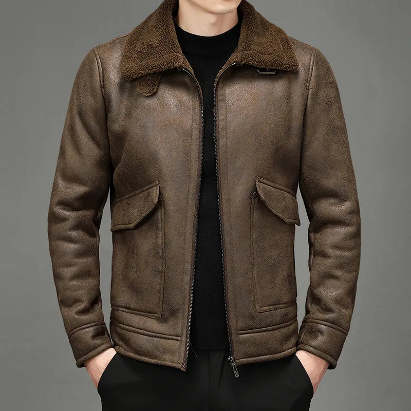 Jacket Plus Velvet Lapel Thick Warm Fashion Autumn Winter Men's Suede Boutique Imitation Leather Top Large Size PU Coats