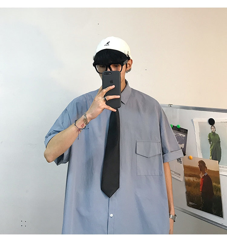 saferido Summer New Fashion Loose Solid Shirts Men's Casual Short Sleeve Shirts Turn-down Collar Clothing Blouses Tops Q02