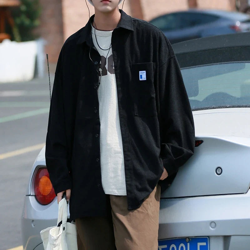 saferido Blue Minimalist Shirts For Men Korean Style Solid Long Sleeve Turn Down Collar Shirt Comfortable Blouses Casual Plus Size