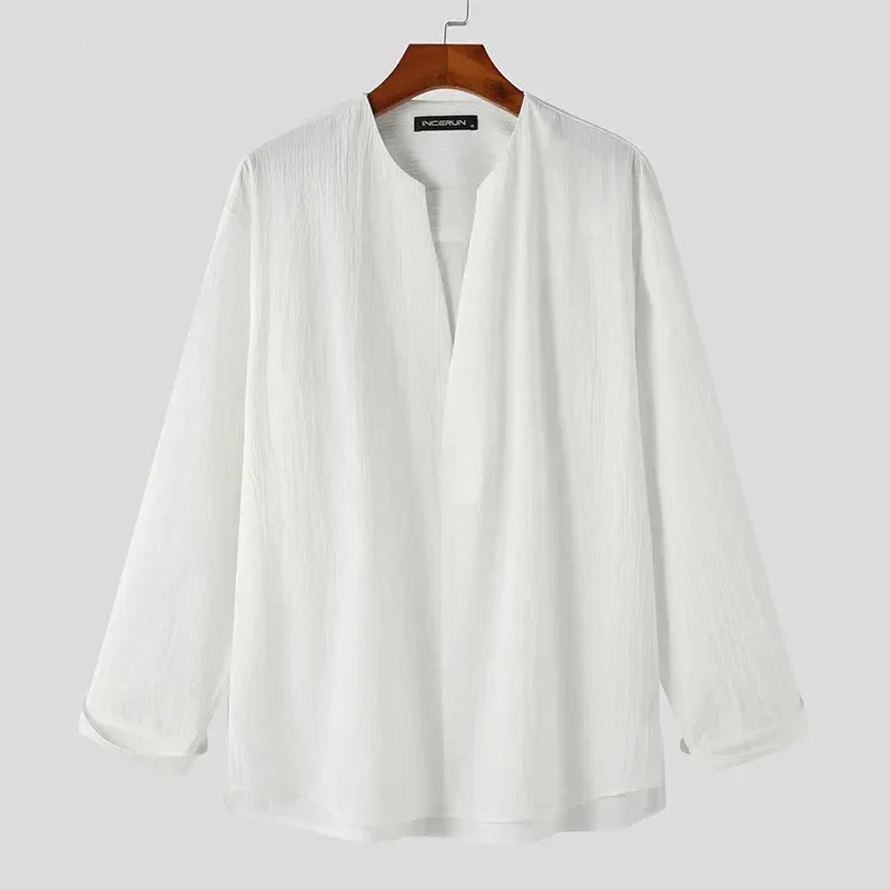 Fashion Men Shirt Solid Color Loose V Neck Long Sleeve Men Clothing Streetwear Korean Style Casual Shirts Men S-5XL