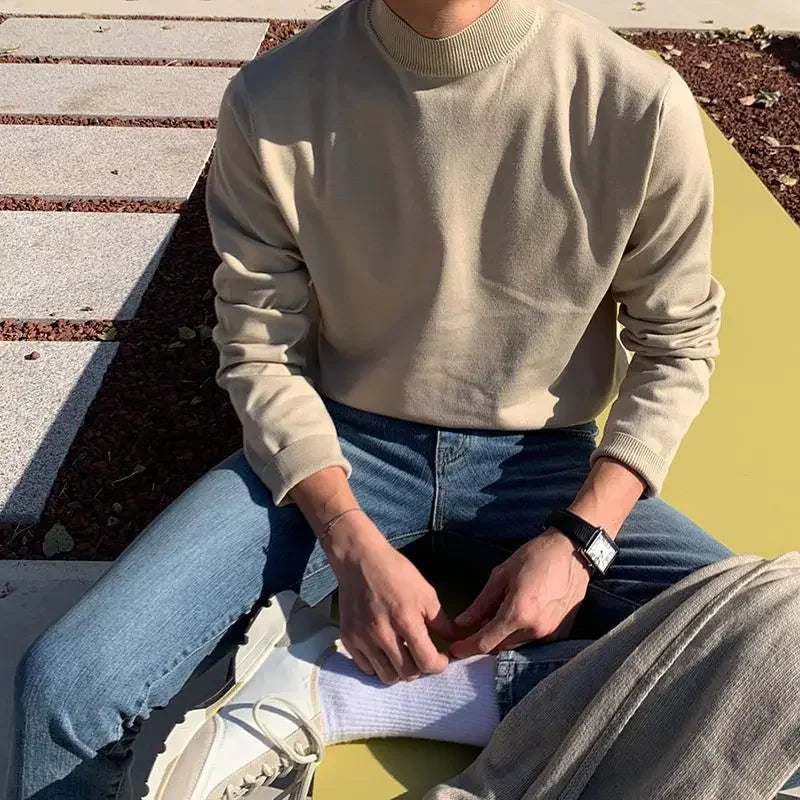 saferido Half Turtleneck Sweater Men Vintage Long-sleeved Korean Solid Knit Sweater Underwear Bottoming Shirt Casual Versatile Male