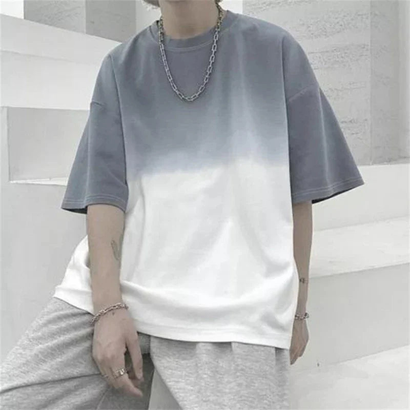 saferido Men Summer Gradient Tshirts Casual Short Sleeve Tops Men Harajuku Street Style T-shirts Loose O-neck Pullover