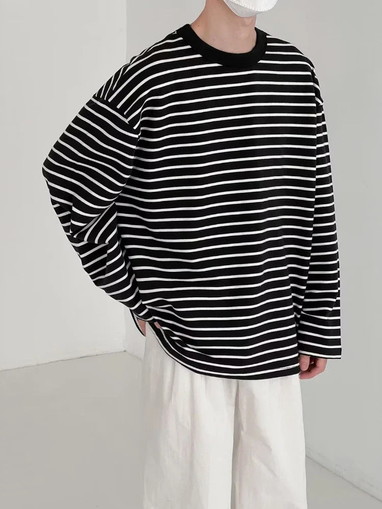 Striped T-shirts Men Long Sleeve Baggy Korean Style Srteetwear Fashion All-match Contrast Color Temperament Tops Daily Leisure