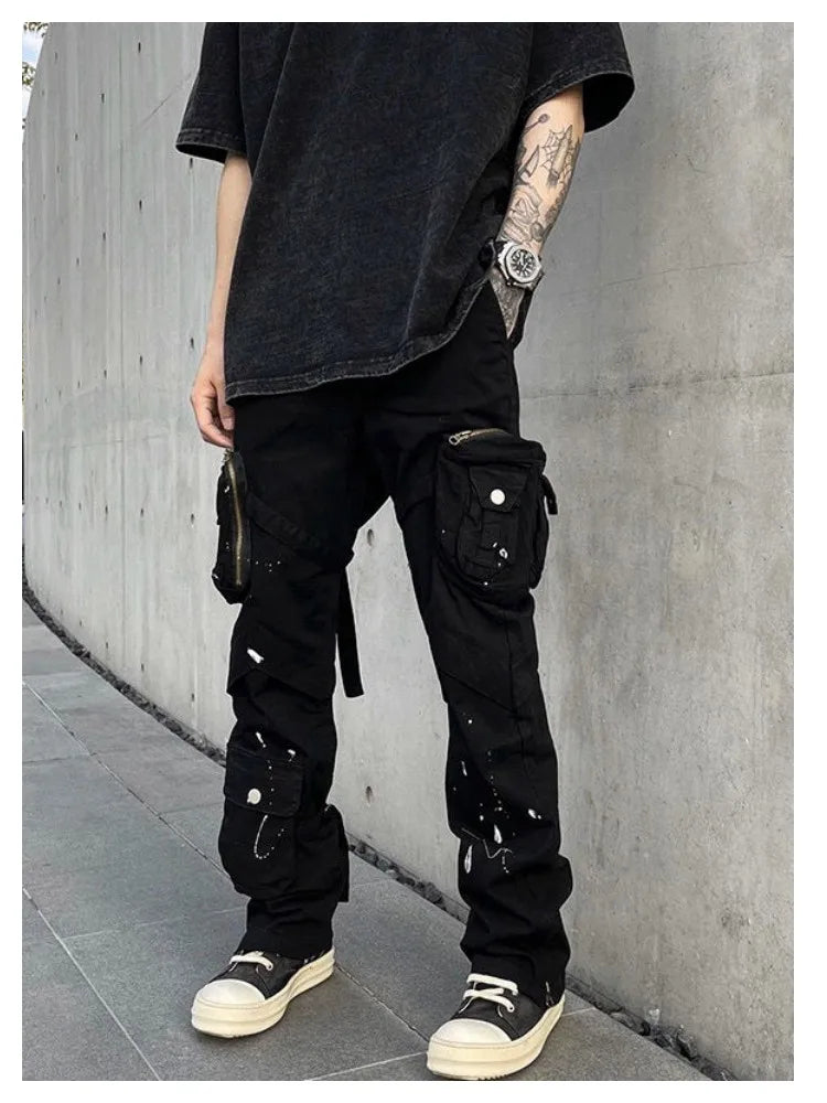saferido Street Strap Speckled Ink Pocket Stereoscopic Cut Micro Horn Workwear Pants Hip Hop High Street Punk y2k streetwear Stacked Casual Pants