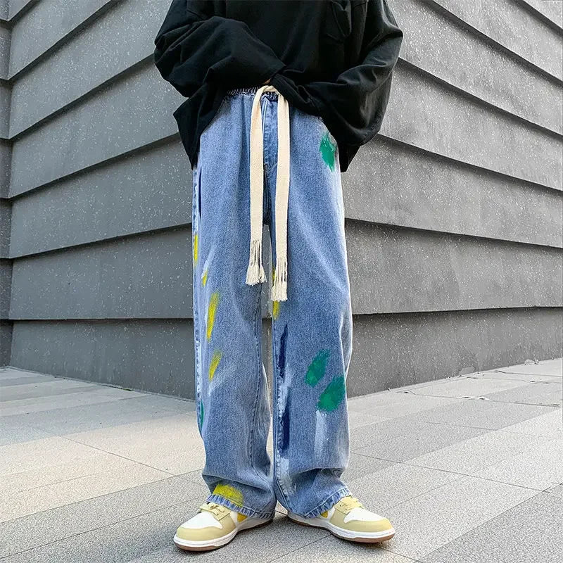 saferido Men's Jeans Painted Y2k Streetwear Trousers Harajuku Man Cowboy Pants Straight Tie Dye Hip Hop Y2k Vintage Stacked Cotton