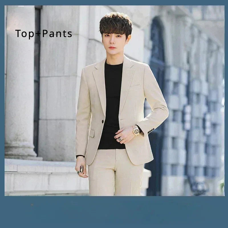 S-6XL Men's Business Casual Suit Korean Style Trendy Slim Fit 2 Piece Set Solid Color (Blazer+ Pants )Groom Wedding Dress Party