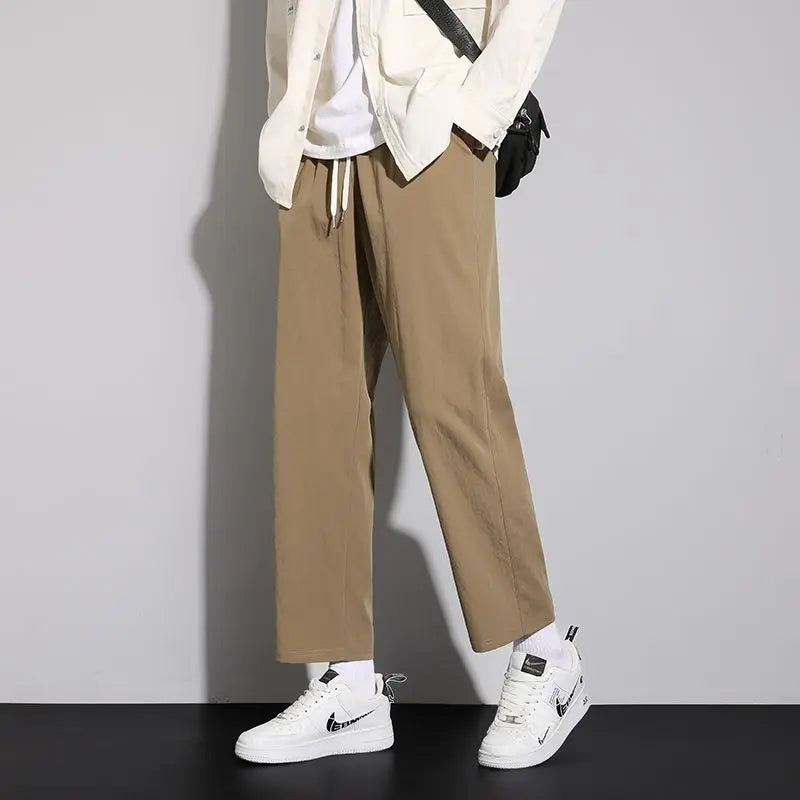 saferido Summer New Korean Trendy Loose Versatile Casual Straight Pants Men Solid Elastic Waist Drawstring Pocket Thin Wide Leg Trousers