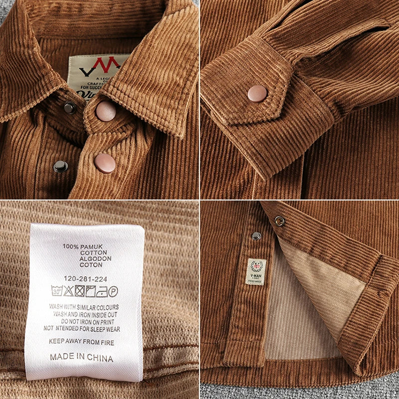 Winter Thick Washed Corduroy Long-sleeved Shirt Men's Retro Fashionable Workwear Large Pocket Solid Color Casual Jacket