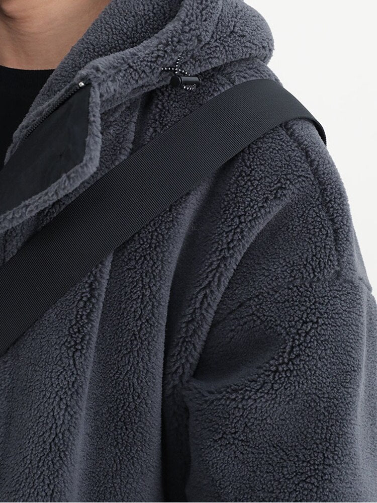 Winter Thick Warm Oversized Dark Grey Sherpa Jacket Men with Hood Zip Up Fluffy Loose Casual Faux Lamb Fur Coat
