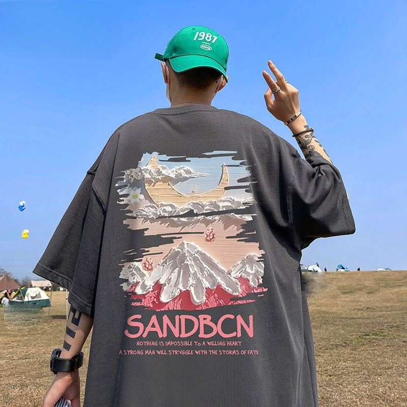100% Cotton Heavyweight American Fashion Graphic Print Loose Short-sleeved T-shirt Oversized T Shirt for Men Women S-5XL