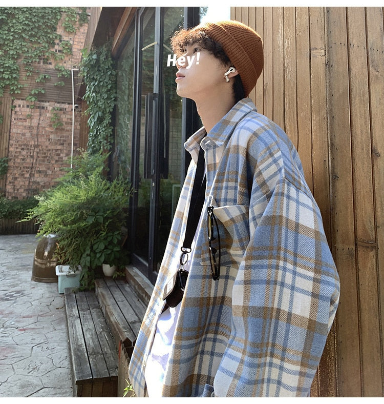 Privathinker Green Woolen Plaid Shirt Coat Men's Loose Korean Thickened Long Sleeve Male Casual Blouses Unisex Fashion Clothing