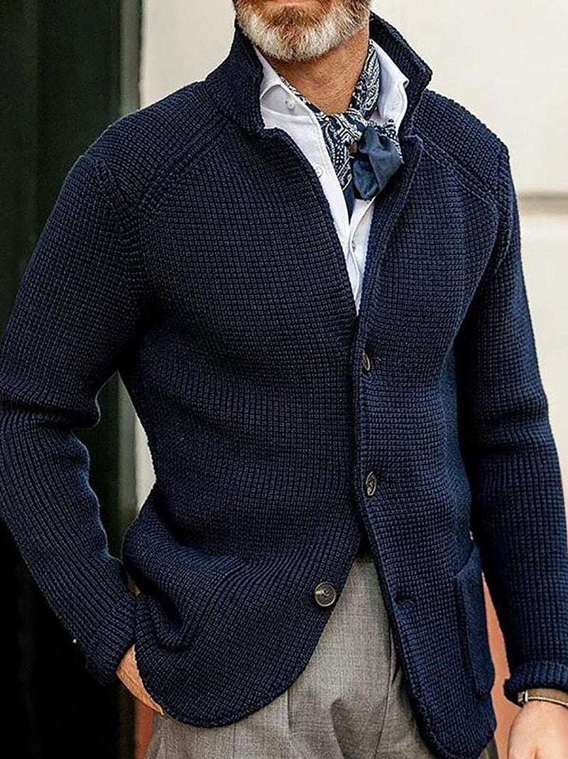 Knitted Mens Cardigan High Quality Button Mock Neck Sweater for Men Winter Fashion Suit Standing Collar Slimming Cardigans Men