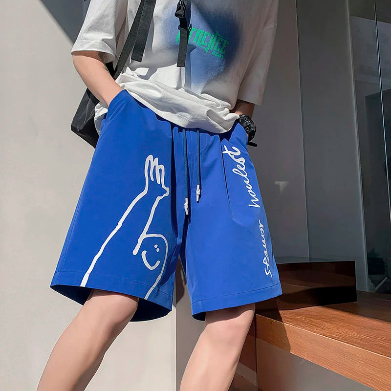 saferido Beach Casual Pants Men's Thin Street Hip-hop Trend Fashion Sports Loose Straight Shorts Oversize Print Graffiti Summer Clothes
