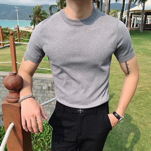 British Style Summer Ice Silk Short Sleeve Knitted T Shirts Men Simple Pure Color O-Neck Casual Slim Tee Shirt Top Homme M-3XL