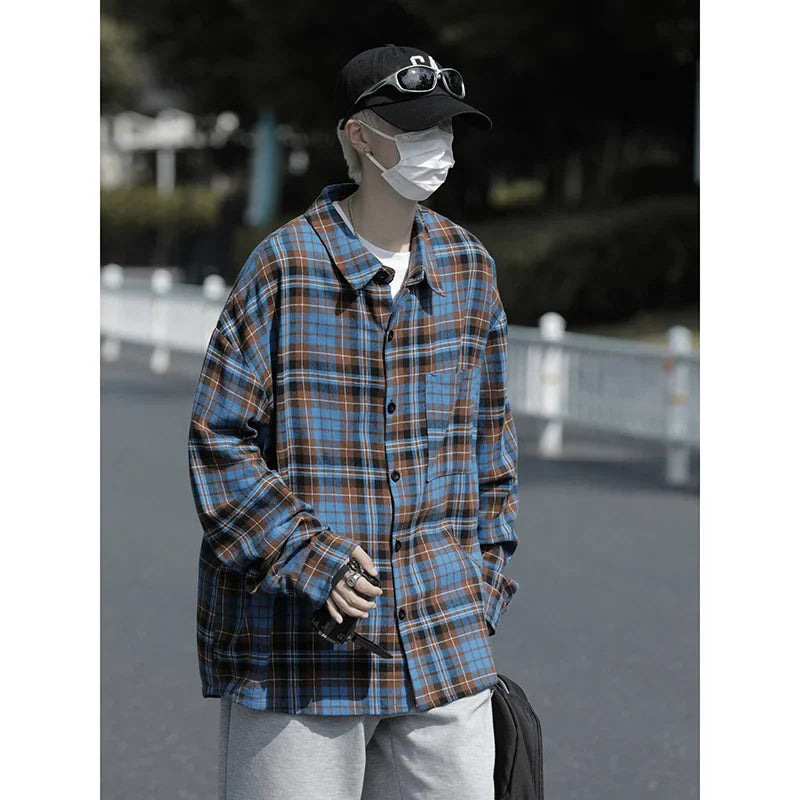 saferido Autumn Long Sleeved Shirt Men Oversized Fashion Retro Plaid Shirt Men Streetwear Loose Casual Shirt Mens Vintage Shirts M-3XL