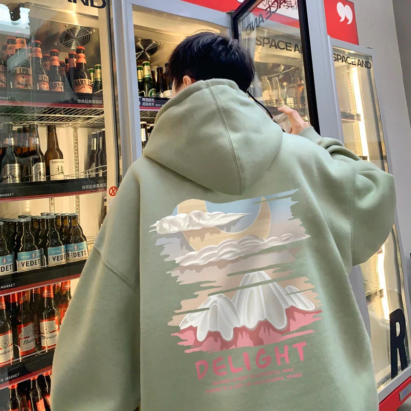 saferido Autumn New Men's Fashion Oversized Print Hooded Sweatshirt Trend Hip Hop American Retro Long Sleeve Sweatshirt