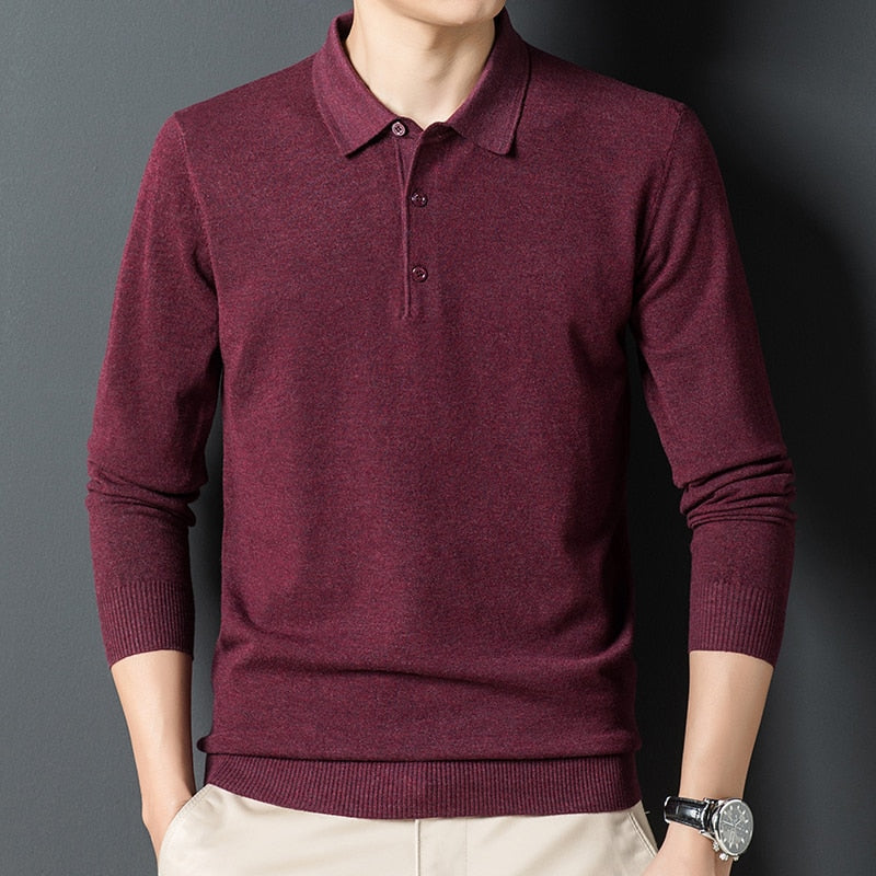 Autumn New Men's Solid Color Lapel Wool Sweater Classic Style Business Long Sleeve Thin Knit Sweater Male Brand Clothes