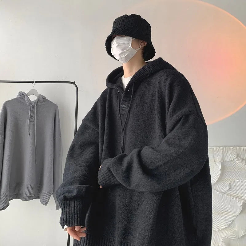 saferido Men Pullover Hoodie Korean Style Classic Solid Color Casual Hoodies Oversized Loose Hooded Knitwear Mens Knitted Pullovers