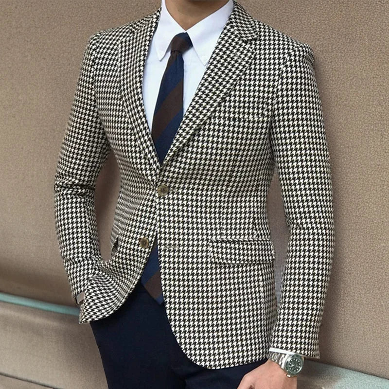 Houndstooth Plaid Blazer for Men One Piece Suit Jacket with 2 Side Slit Slim Fit Casual Male Coat Fashion Clothes