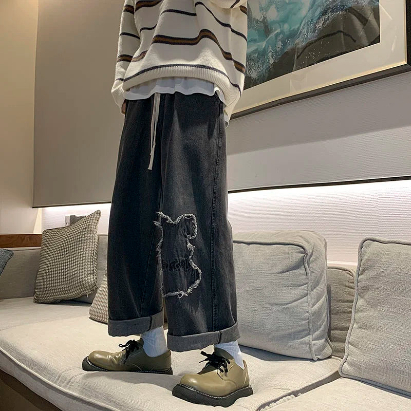 saferido Men's Baggy Homme Blue/black Color Straight Pants Cargo Pocket Printing Jeans Biker Denim Oversized Trousers Size M-5XL