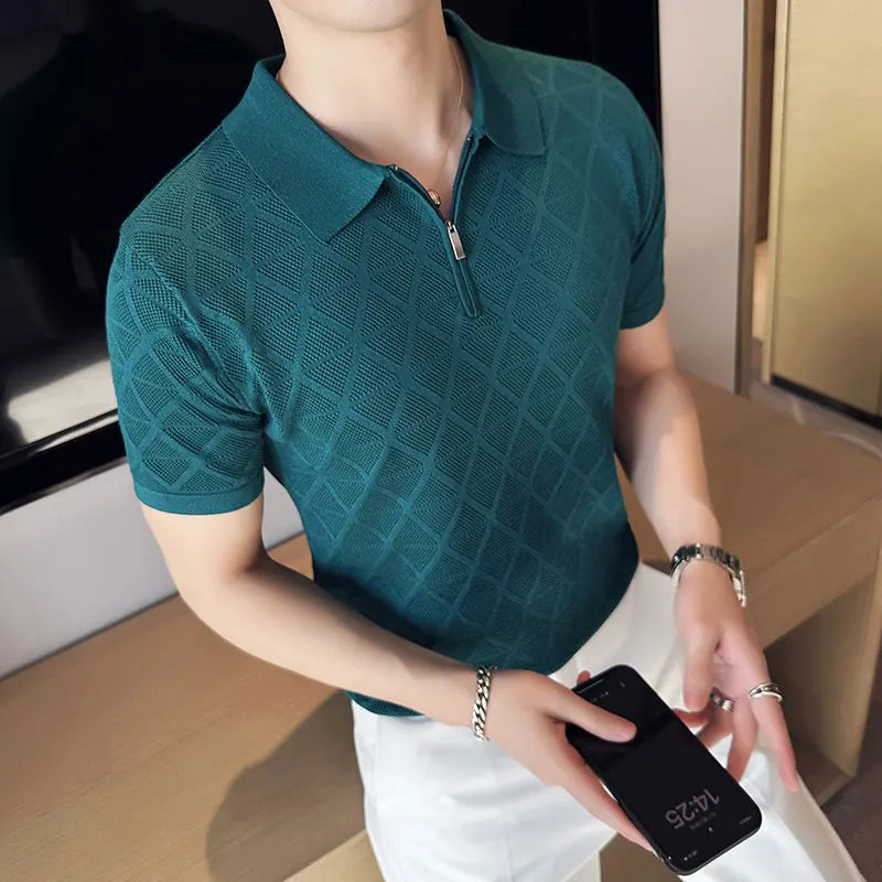 saferido Korean Style Men's Summer Casual Knitted Polo Shirts/Male Slim Fit Fashion Zipper Design Hollow Out Polo Shirts S-3XL