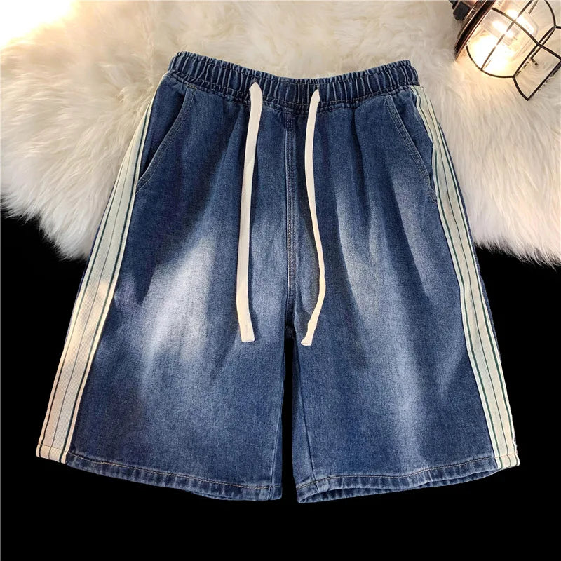 saferido Summer New Men's Denim Shorts Korean Street Loose Casual Shorts Fashion Elastic Waist Stitching Blue Five-point Pants