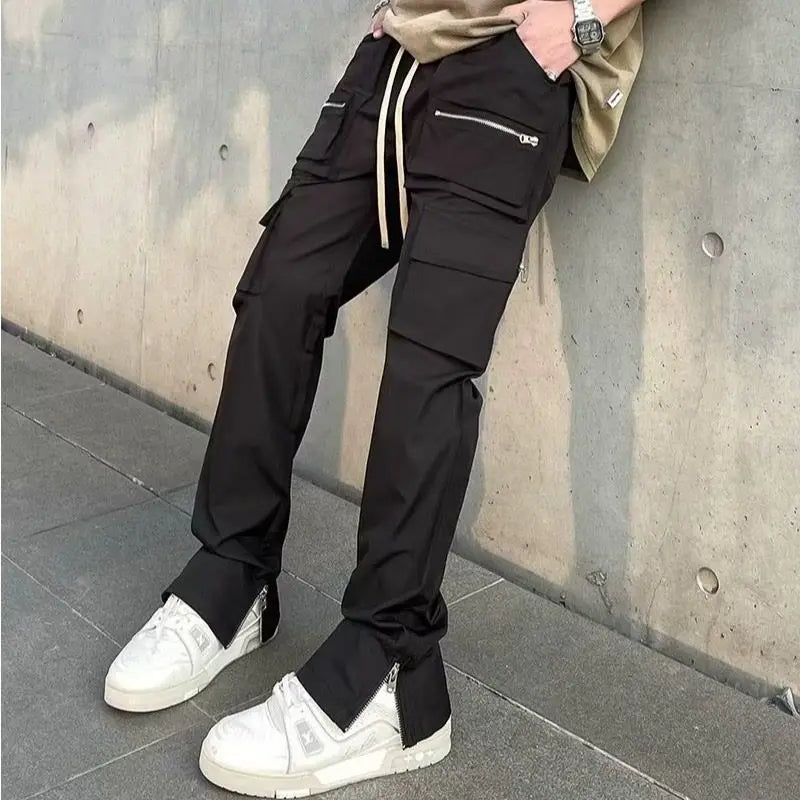 saferido Men's y2k street casual pans, men's zippered split spring and autumn men's straight fitting black European and American zippered