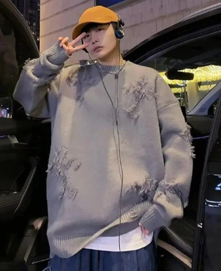 Solid Long Sleeve Hole Knitted Sweater Men Tassels O-neck Hooded Streetwear Man Autumn Winter Fashion New Men's Clothing