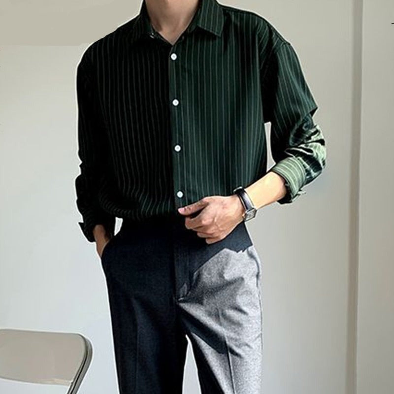 New Korean Fashion Autumn Shirts Men Business Casual Neat Capable Hipster Street England Style Elegant Stripe Clothes Top