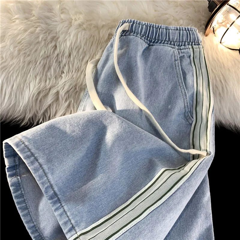 saferido Summer New Men's Denim Shorts Korean Street Loose Casual Shorts Fashion Elastic Waist Stitching Blue Five-point Pants