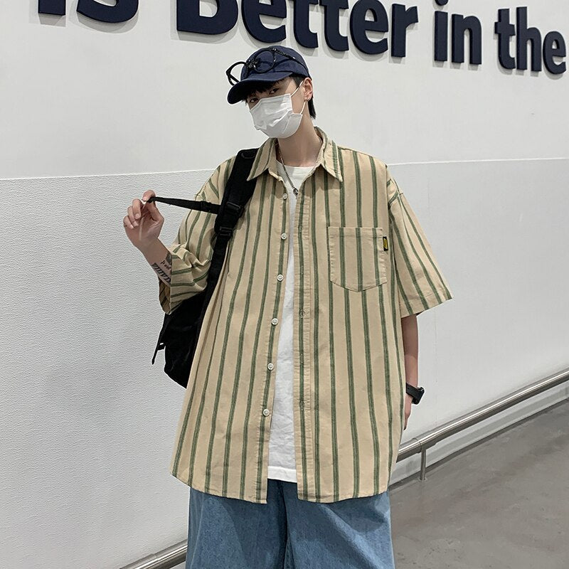 Retro Striped Short Sleeve Shirts for Men Summer Japanese Fashion Loose Casual Hawaiian Shirt Oversized Men Clothing