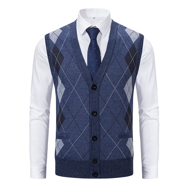 Spring Autumn Male Vest Sleeveless Sweater Fleece Warm Knitted Jackets Checkered Business Casual Button Up Coat Men's Clothing