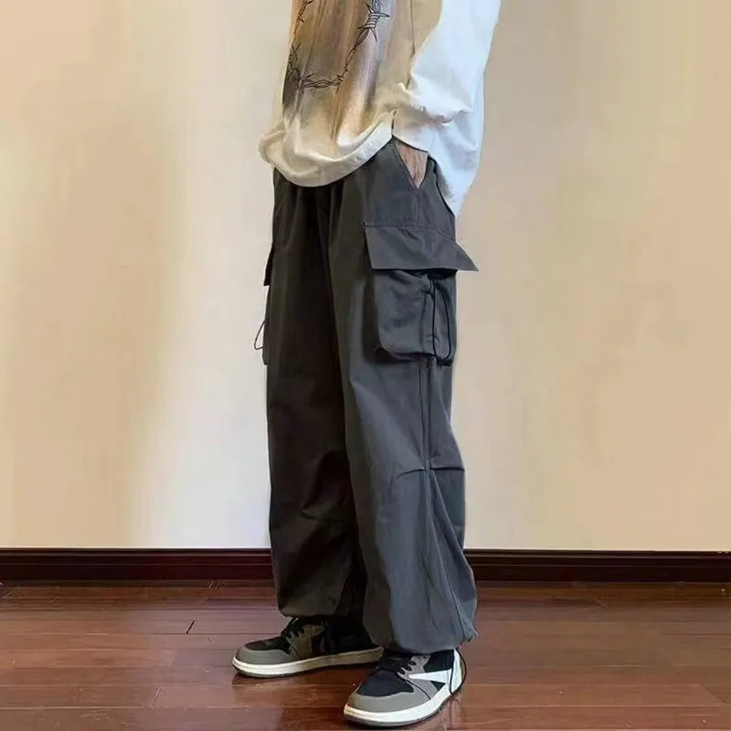saferido Streetwear Spring Harem Casual Pants Men Elastic Waist Solid Color Cargo Pants Multi Pocket Loose Baggy Pants For Women