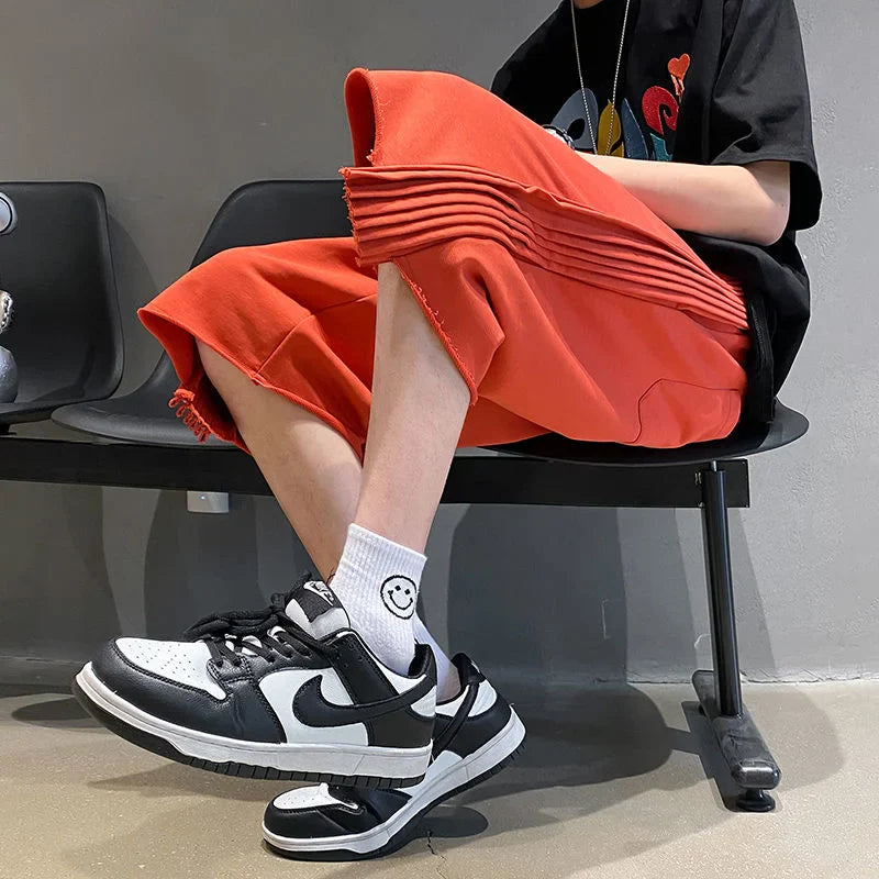 saferido Solid Loose Shorts Thin Summer Sports Thousand Pleated Straight Wide-leg Casual Pants Oversized 5-point Pants Men's White Orange